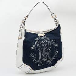Pre Owned Roberto Cavalli White/Navy Blue Leather And Denim Logo Hobo