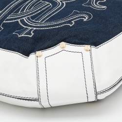 Pre Owned Roberto Cavalli White/Navy Blue Leather And Denim Logo Hobo