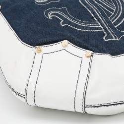Pre Owned Roberto Cavalli White/Navy Blue Leather And Denim Logo Hobo