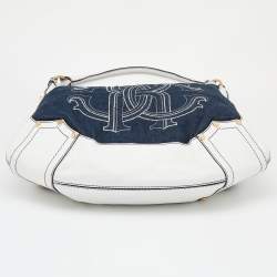 Pre Owned Roberto Cavalli White/Navy Blue Leather And Denim Logo Hobo