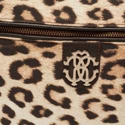 Pre Owned حقيبة روبيرتو كافالي ديابير جلد وساتان طباعة فهد بيج/بني