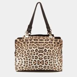 Pre Owned حقيبة روبيرتو كافالي ديابير جلد وساتان طباعة فهد بيج/بني