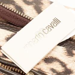 Pre Owned حقيبة روبيرتو كافالي ديابير جلد وساتان طباعة فهد بيج/بني