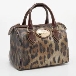 Roberto Cavalli Brown Leopard Print Coated Canvas and Leather Satchel