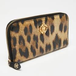 Pre Owned Roberto Cavalli Black/Beige Leopard Print Patent Leather Zip Around Wallet