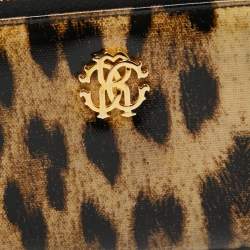 Pre Owned Roberto Cavalli Black/Beige Leopard Print Patent Leather Zip Around Wallet