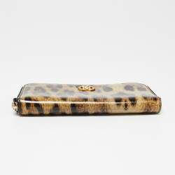 Pre Owned Roberto Cavalli Black/Beige Leopard Print Patent Leather Zip Around Wallet