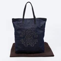 Roberto Cavalli Navy Blue Denim Studded Logo Tote
