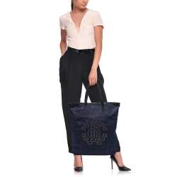 Roberto Cavalli Navy Blue Denim Studded Logo Tote