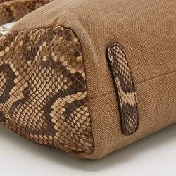 Roberto Cavalli Brown/Beige Canvas And Python Top Handle Bag