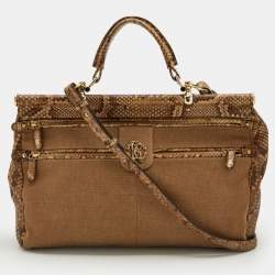 Roberto Cavalli Brown/Beige Canvas And Python Top Handle Bag
