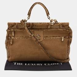 Roberto Cavalli Brown/Beige Canvas And Python Top Handle Bag