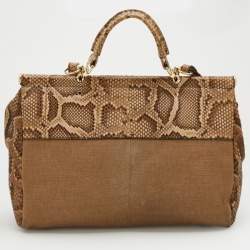 Roberto Cavalli Brown/Beige Canvas And Python Top Handle Bag