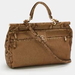 Roberto Cavalli Brown/Beige Canvas And Python Top Handle Bag