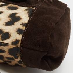 Pre Owned Roberto Cavalli Brown Leopard Print Fabric And Suede Mini Bucket Bag
