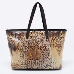 Pre Owned Roberto Cavalli Beige/Black  Printed Coated Canvas And Leather Tote