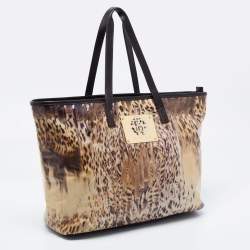 Pre Owned Roberto Cavalli Beige/Black  Printed Coated Canvas And Leather Tote