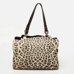 Roberto Cavalli Brown/Beige Leopard Satin and Leather Tote