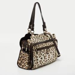 Roberto Cavalli Brown/Beige Leopard Satin and Leather Tote