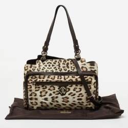 Roberto Cavalli Brown/Beige Leopard Satin and Leather Tote