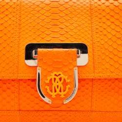 Roberto Cavalli Neon Orange Python Leather Ambition Flap Clutch