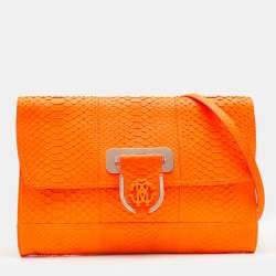 Roberto Cavalli Neon Orange Python Leather Ambition Flap Clutch