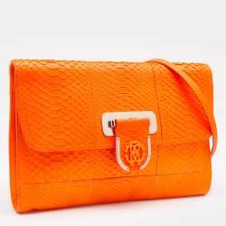 Roberto Cavalli Neon Orange Python Leather Ambition Flap Clutch