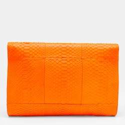 Roberto Cavalli Neon Orange Python Leather Ambition Flap Clutch