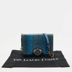 Pre Owned Roberto Cavalli Blue Watersnake Leather Lion Head Flap Shoulder Bag