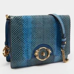 Pre Owned Roberto Cavalli Blue Watersnake Leather Lion Head Flap Shoulder Bag