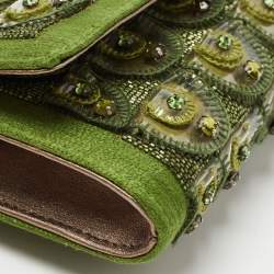 Pre Owned Roberto Cavalli Green Fabric and PVC Embellished Chain Clutch
