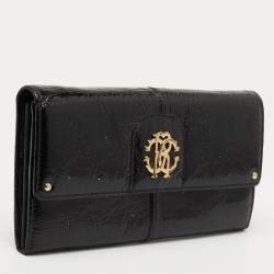 Pre Owned Roberto Cavalli Black Patent Leather Flap Wallet On Chain 