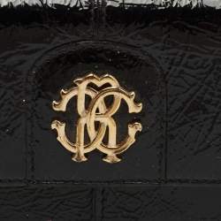 Pre Owned Roberto Cavalli Black Patent Leather Flap Wallet On Chain 