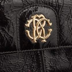 Pre Owned Roberto Cavalli Black Patent Leather Flap Wallet On Chain 