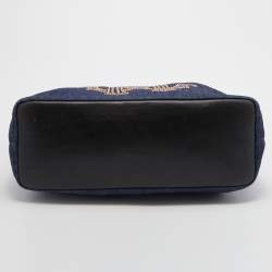 Roberto Cavalli Navy Blue Denim and Leather Studded Logo Shopper Tote