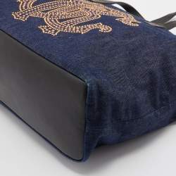 Roberto Cavalli Navy Blue Denim and Leather Studded Logo Shopper Tote