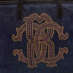 Roberto Cavalli Navy Blue Denim and Leather Studded Logo Shopper Tote
