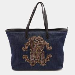 Roberto Cavalli Navy Blue Denim and Leather Studded Logo Shopper Tote
