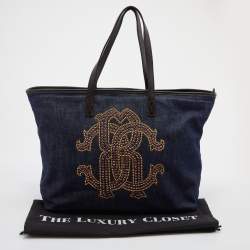 Roberto Cavalli Navy Blue Denim and Leather Studded Logo Shopper Tote