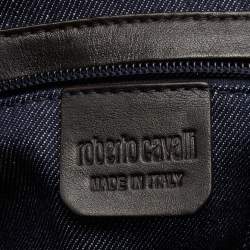 Roberto Cavalli Navy Blue Denim and Leather Studded Logo Shopper Tote