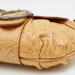 Pre Owned Roberto Cavalli Beige/Brown Floral Embossed Leather Baguette