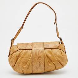 Pre Owned Roberto Cavalli Beige/Brown Floral Embossed Leather Baguette