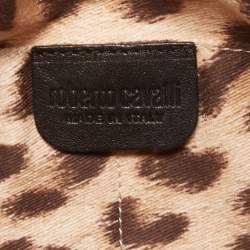 Pre Owned Roberto Cavalli Beige/Black Leopard Print Satin Clutch 