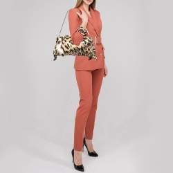 Pre Owned Roberto Cavalli Beige/Black Leopard Print Satin Clutch 