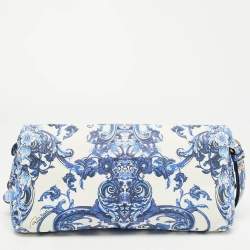 Pre Owned Roberto Cavalli Blue/White Majolica Print Leather Foldover Clutch