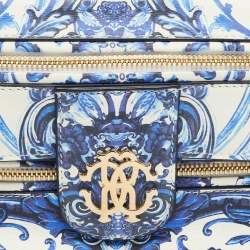 Pre Owned Roberto Cavalli Blue/White Majolica Print Leather Foldover Clutch