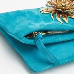 Pre Owned Roberto Cavalli Turquoise Suede Crystal Metal Flower Embellished Foldover Clutch