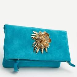Pre Owned Roberto Cavalli Turquoise Suede Crystal Metal Flower Embellished Foldover Clutch