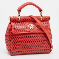 Pre Owned Roberto Cavalli Orange Leather and Patent Top Handle Bag