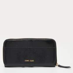Pre Owned Roberto Cavalli Black Leather Snake Logo Zip Around Wallet